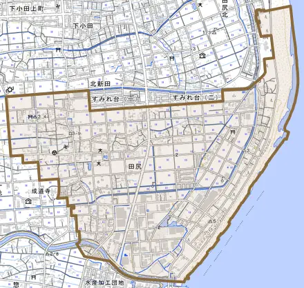 田尻とその周辺の地図。町の範囲を重ねている