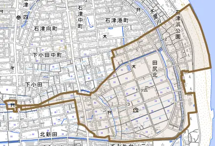 田尻北とその周辺の地図。町の範囲を重ねている