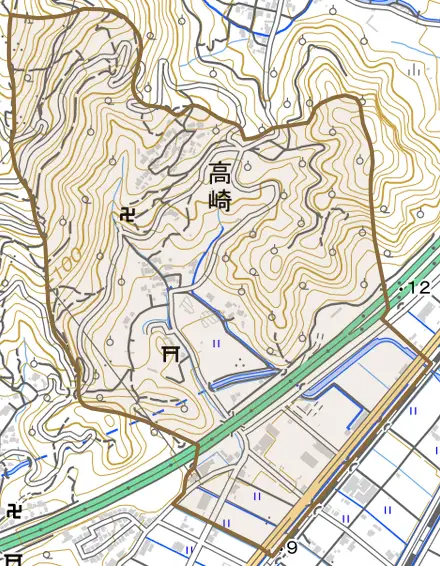 高崎とその周辺の地図。町の範囲を重ねている
