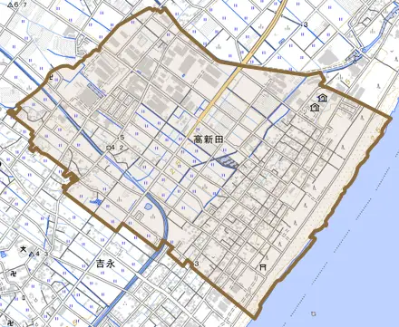 高新田とその周辺の地図。町の範囲を重ねている