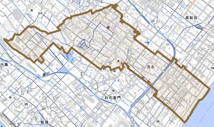 吉永とその周辺の地図。町の範囲を重ねている