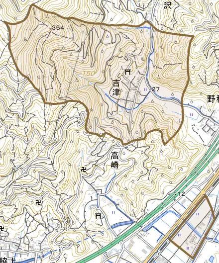 吉津とその周辺の地図。町の範囲を重ねている
