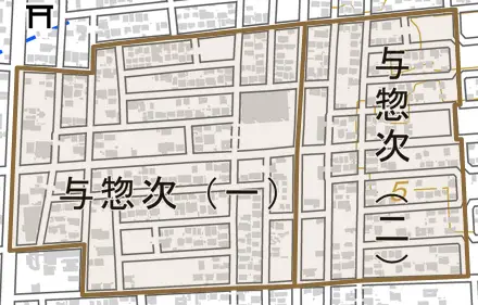 与惣次とその周辺の地図。町の範囲を重ねている