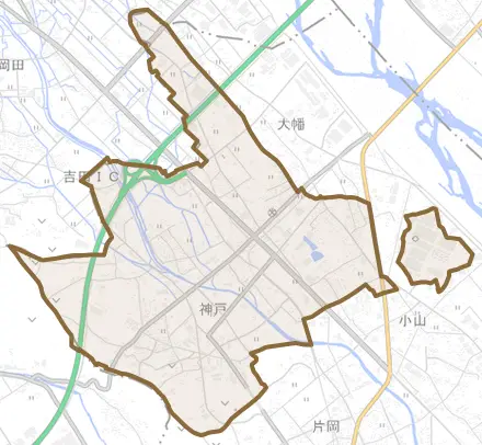 神戸とその周辺の地図。町の範囲を重ねている