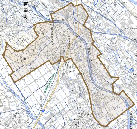片岡とその周辺の地図。町の範囲を重ねている