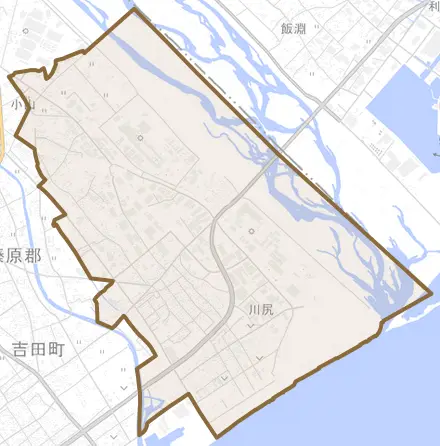 川尻とその周辺の地図。町の範囲を重ねている