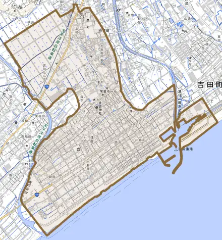 住吉とその周辺の地図。町の範囲を重ねている
