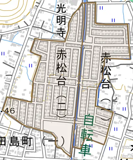 赤松台とその周辺の地図。町の範囲を重ねている
