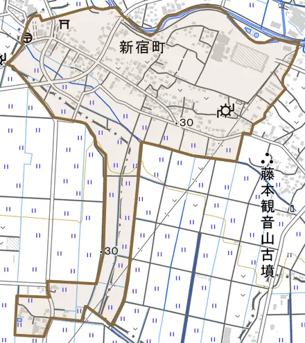 新宿町とその周辺の地図。町の範囲を重ねている
