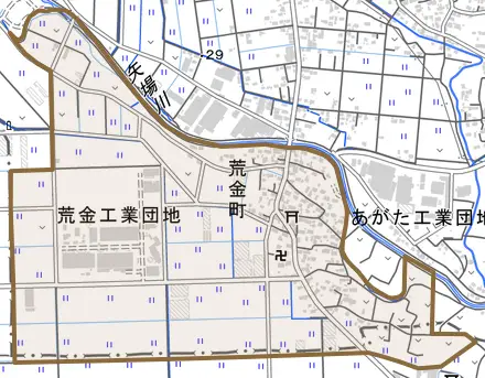 荒金町とその周辺の地図。町の範囲を重ねている