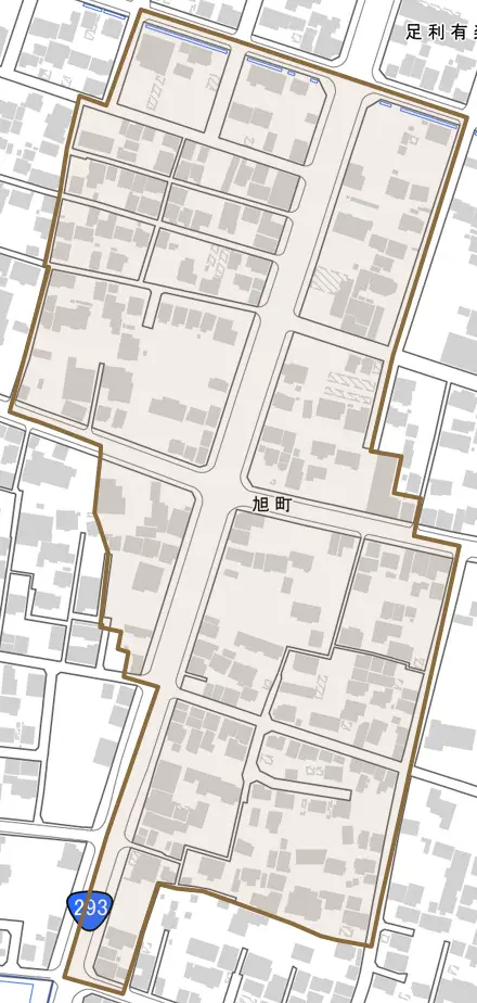 旭町とその周辺の地図。町の範囲を重ねている