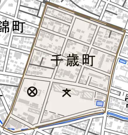 千歳町とその周辺の地図。町の範囲を重ねている