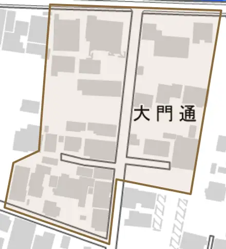 大門通とその周辺の地図。町の範囲を重ねている