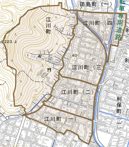 江川町とその周辺の地図。町の範囲を重ねている