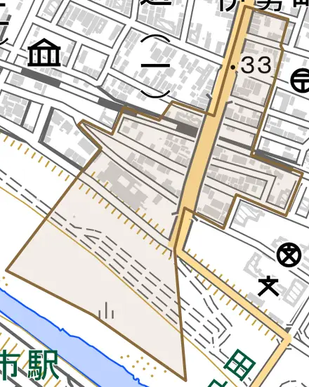 永楽町とその周辺の地図。町の範囲を重ねている