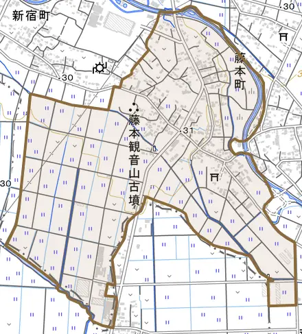 藤本町とその周辺の地図。町の範囲を重ねている