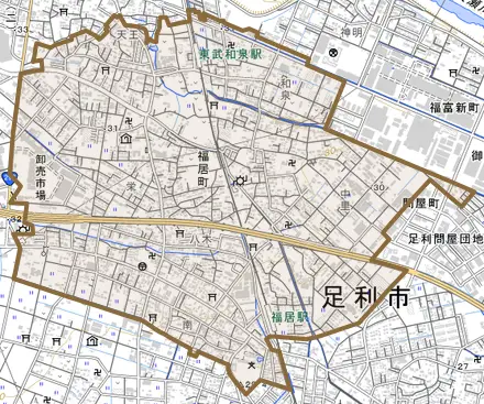 福居町とその周辺の地図。町の範囲を重ねている