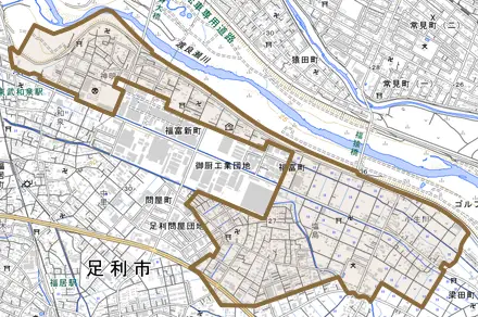 福富町とその周辺の地図。町の範囲を重ねている