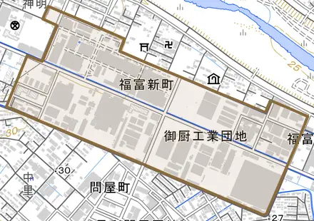 福富新町とその周辺の地図。町の範囲を重ねている