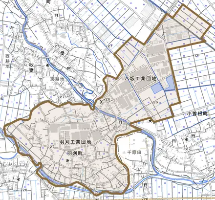 羽刈町とその周辺の地図。町の範囲を重ねている