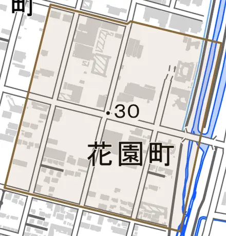 花園町とその周辺の地図。町の範囲を重ねている