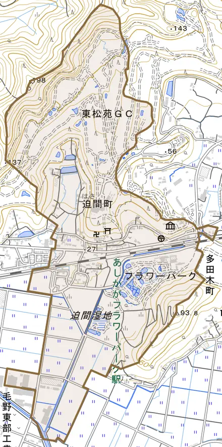 迫間町とその周辺の地図。町の範囲を重ねている