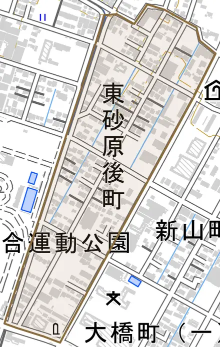 東砂原後町とその周辺の地図。町の範囲を重ねている