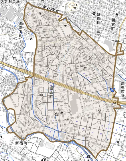 堀込町とその周辺の地図。町の範囲を重ねている