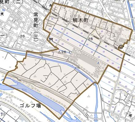 鵤木町とその周辺の地図。町の範囲を重ねている