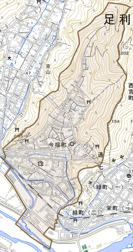 今福町とその周辺の地図。町の範囲を重ねている