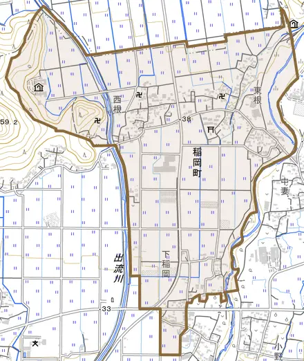 稲岡町とその周辺の地図。町の範囲を重ねている