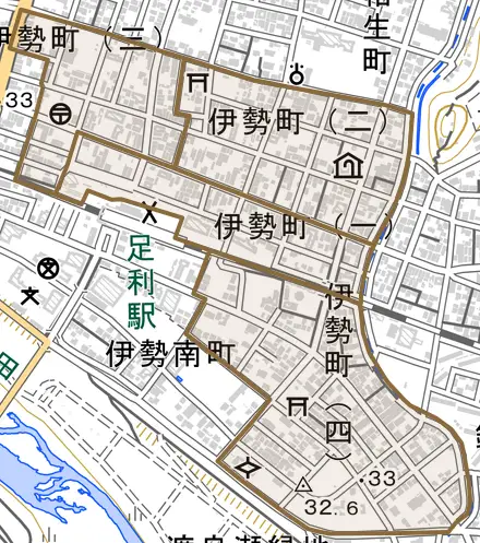 伊勢町とその周辺の地図。町の範囲を重ねている