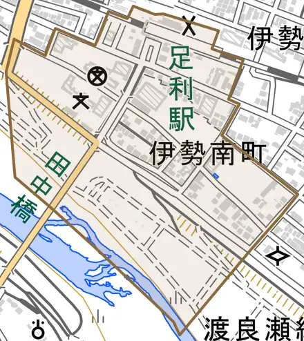 伊勢南町とその周辺の地図。町の範囲を重ねている