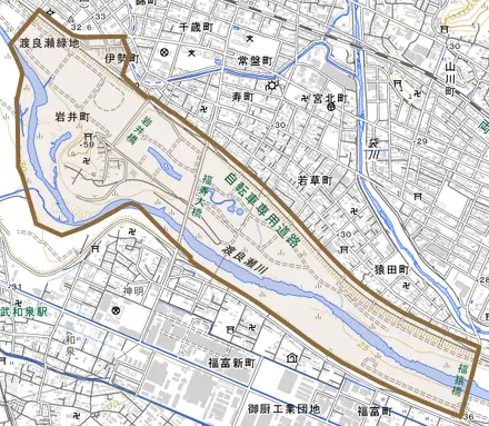 岩井町とその周辺の地図。町の範囲を重ねている
