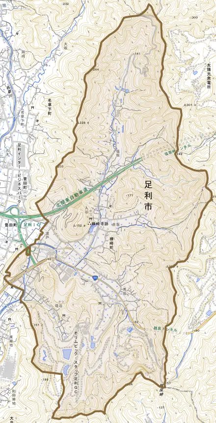 樺崎町とその周辺の地図。町の範囲を重ねている