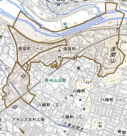 借宿町とその周辺の地図。町の範囲を重ねている