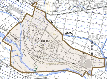川崎町とその周辺の地図。町の範囲を重ねている