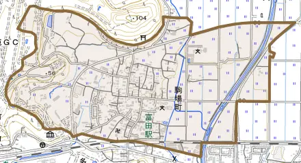 駒場町とその周辺の地図。町の範囲を重ねている