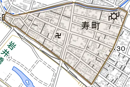 寿町とその周辺の地図。町の範囲を重ねている