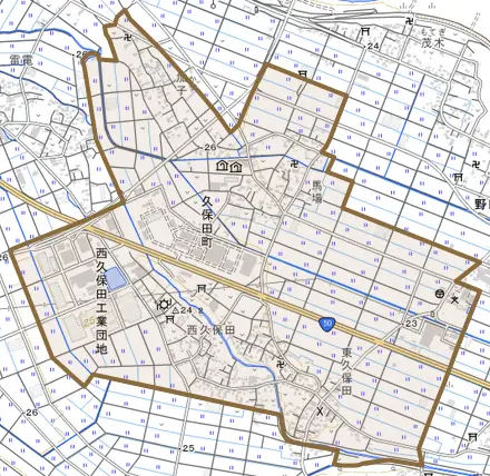 久保田町とその周辺の地図。町の範囲を重ねている
