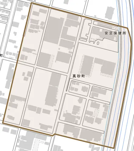 真砂町とその周辺の地図。町の範囲を重ねている