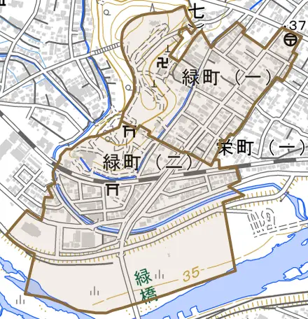 緑町とその周辺の地図。町の範囲を重ねている