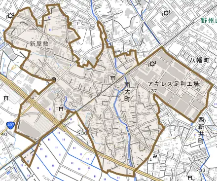 南大町とその周辺の地図。町の範囲を重ねている