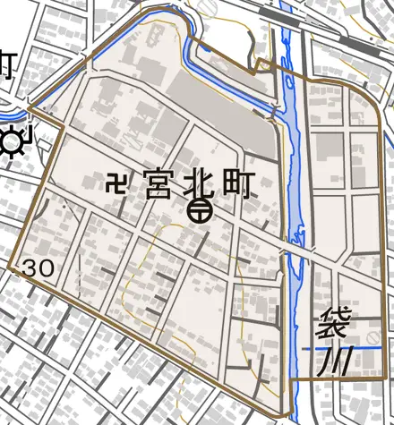 宮北町とその周辺の地図。町の範囲を重ねている