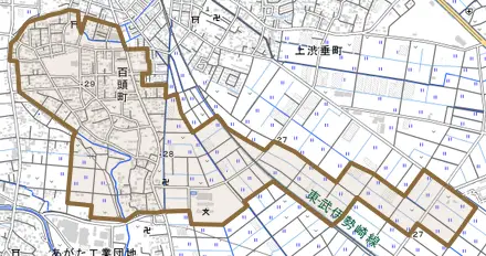 百頭町とその周辺の地図。町の範囲を重ねている