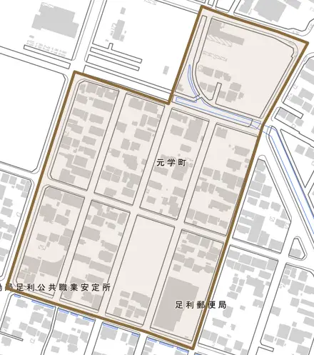元学町とその周辺の地図。町の範囲を重ねている