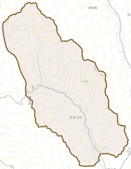 名草上町とその周辺の地図。町の範囲を重ねている