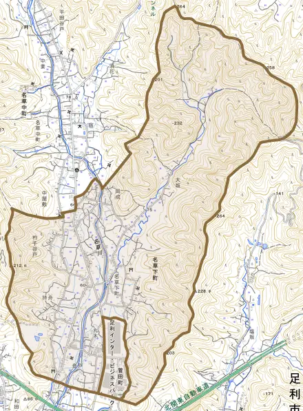 名草下町とその周辺の地図。町の範囲を重ねている