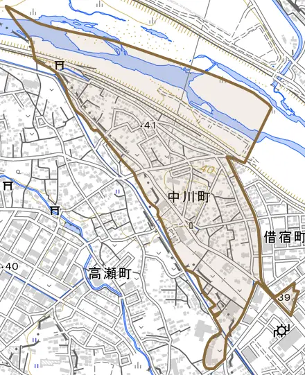 中川町とその周辺の地図。町の範囲を重ねている