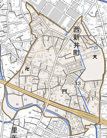 西新井町とその周辺の地図。町の範囲を重ねている